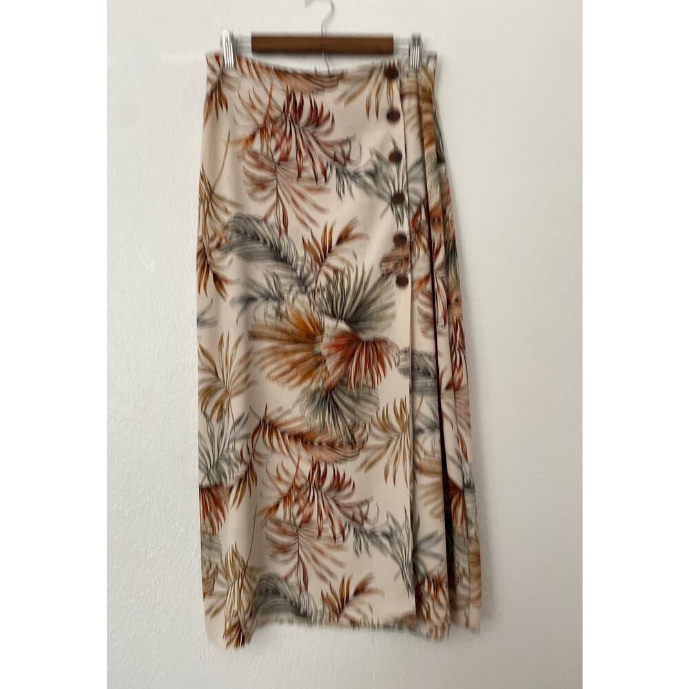 Primark Size 8 Brown Tan Palm Leaves Print Side Slit Button Midi Skirt Vintage